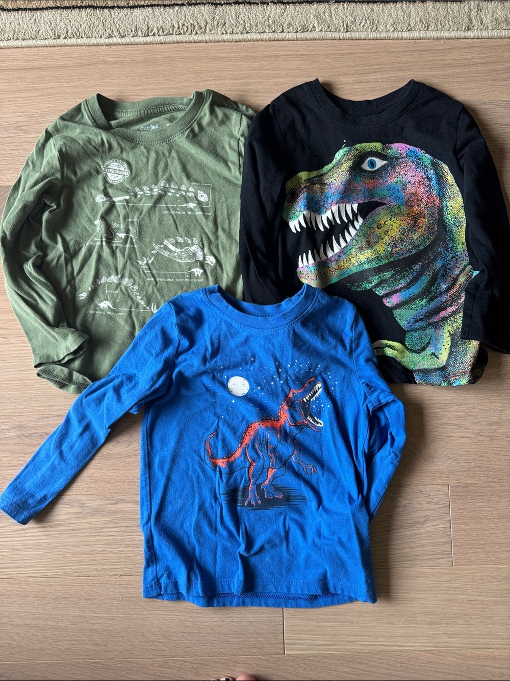 Cat & Jack Boys' Long-Sleeve Dino Tee Trio - Blue, Black, Olive